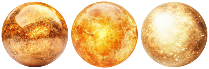 Three celestial spheres showcasing various textures and hues, resembling planets with golden and reddish tones.