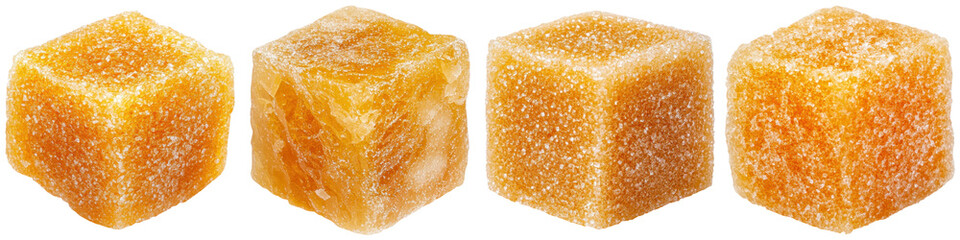 Sugar cubes with a golden hue, showcasing a crystalline texture and geometric shape.