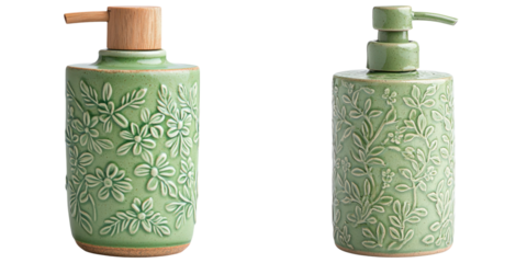 Two decorative green soap dispensers with floral patterns and wooden accents.
