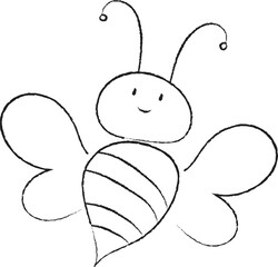 Minimalistic black and white line drawing of a smiling bee with round head, antennae, large wings, and striped body

