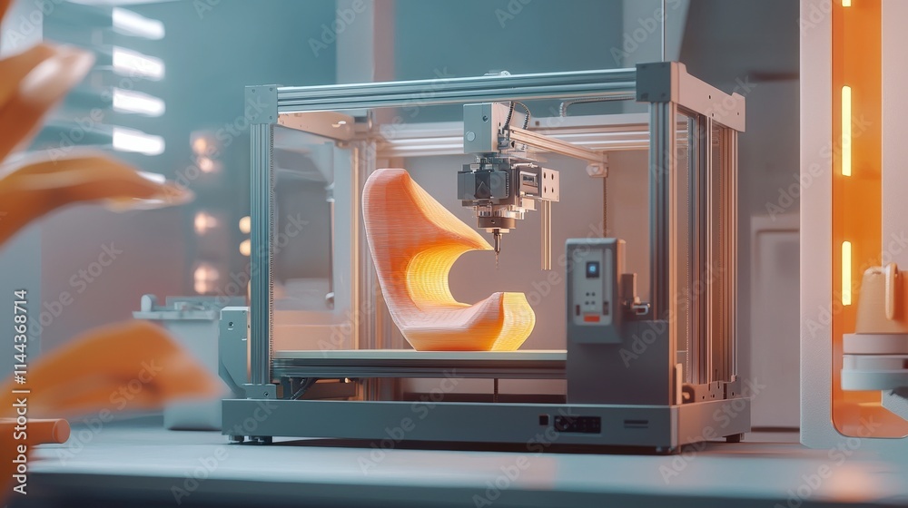 Poster innovative 3d printing action workshop technology showcase modern environment close-up viewpoint cre