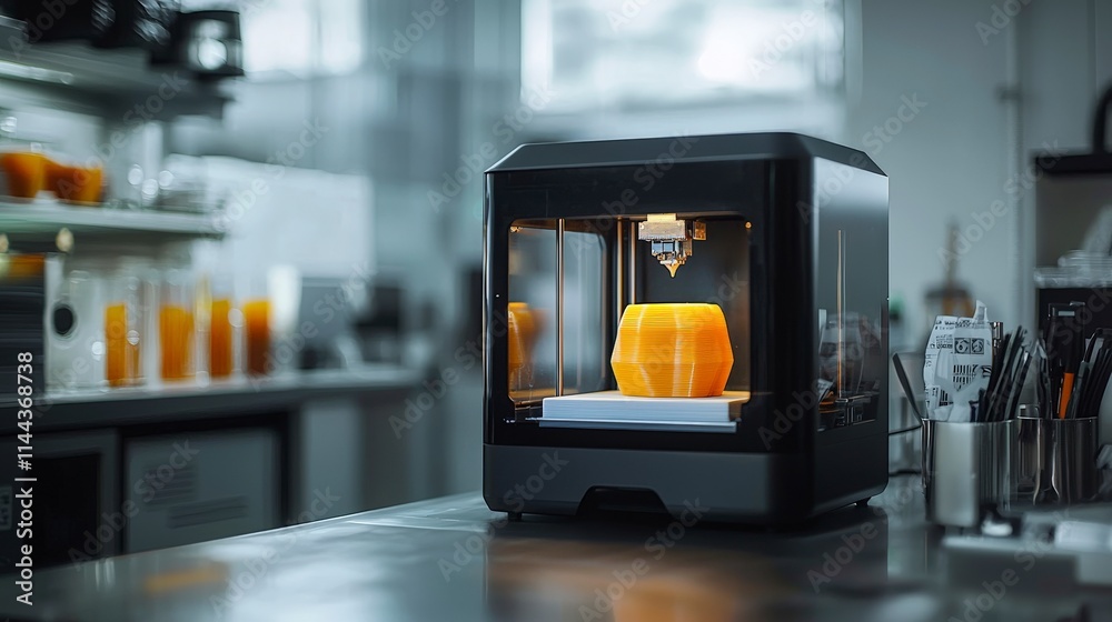 Poster 3d printing action showcase modern workshop technology content sleek environment close-up view innovative concepts