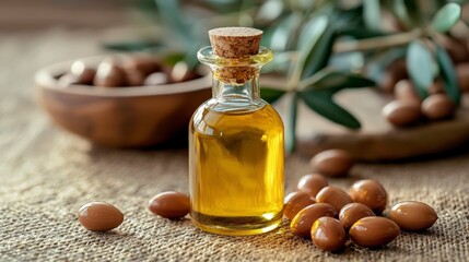 Natural argan oil hair serum with pump beauty product home organic ingredients close-up hair care benefits