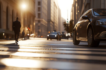 The evening light paints the city streets in soft hues creating a tranquil and atmospheric urban scene.