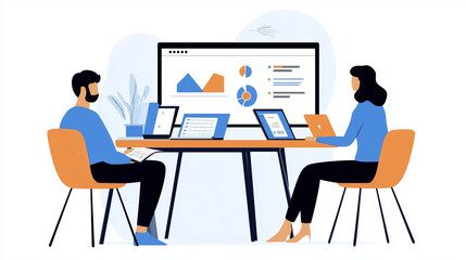 Team Reviewing Annual Financial Reports, Flat Design Illustration