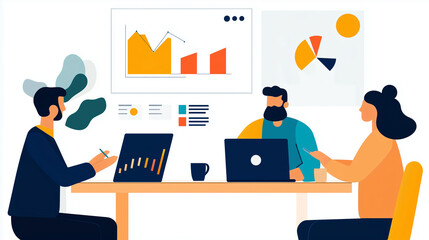 Team Reviewing Digital Marketing Performance Metrics, Flat Design Illustration