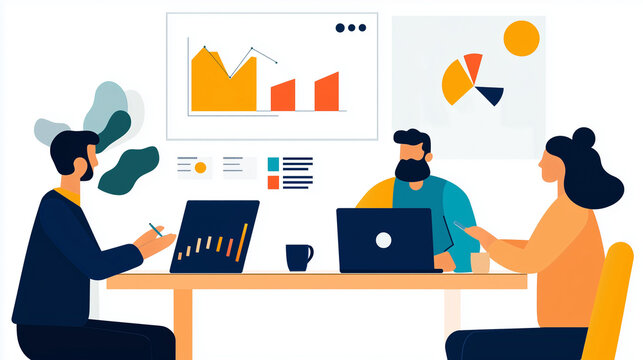 Team Reviewing Digital Marketing Performance Metrics, Flat Design Illustration