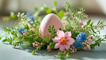  pastel easter egg nestled among spring flowers and greenery