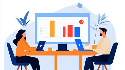 Team Reviewing Digital Marketing Performance Metrics, Flat Design Illustration