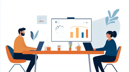 Team Reviewing Digital Marketing Performance Metrics, Flat Design Illustration