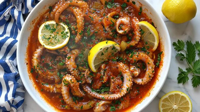 Octopus dish garnished with lemon slices and herbs served in a bowl on a kitchen countertop