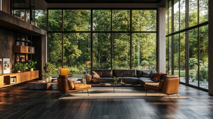 Fototapeta premium Luxurious open-concept living space with dark parquet floors, stylish furniture, and floor-to-ceiling windows