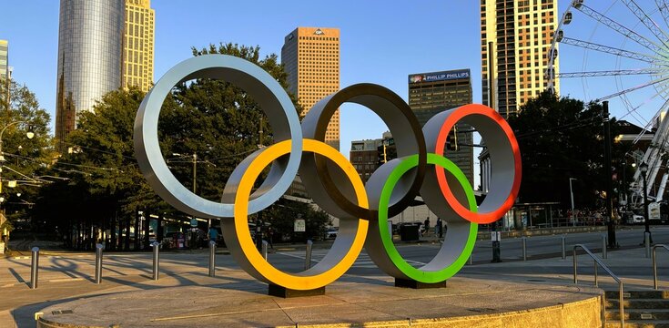 Atlanta, USA - September 20, 2024: Olympic Rings Statue at Centennial Olympic Park in Atlanta, Georgia
