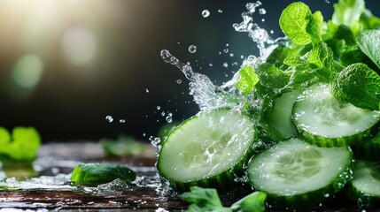 Crisp cucumber slices and fresh mint captured mid-splash, conveying a refreshing, invigorating essence and evoking feelings of renewal and natural vitality.