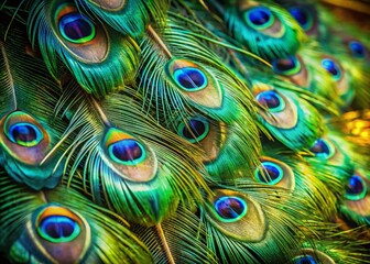 Low Light Peacock Feathers: Close-Up of Magnificent Tropical Bird Tail Plumage