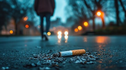 Cigarette butt on rainy street with distant figure walking at twilight