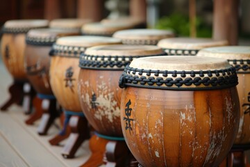 Traditional japanese taiko drums are lined up in a row, emanating a sense of anticipation and cultural richness