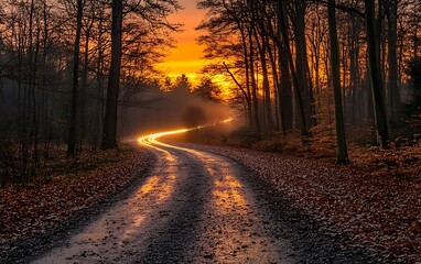Fototapeta premium Winding forest road at sunset, sunlight through trees, autumn leaves.