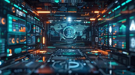 Fototapeta premium A futuristic digital tunnel displaying cryptocurrency data. Vibrant teal and orange hues illuminate the intricate network of screens.