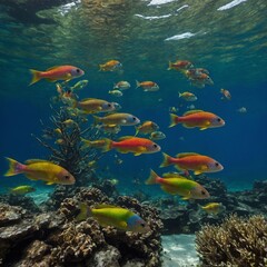 Fototapeta premium A school of rainbow-colored wrasse weaving through an underwater forest.
