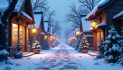 Fototapeta premium Serene snow-covered street illuminated by glowing lanterns in a winter wonderland