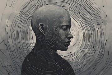 A digital painting of a person surrounded by dark, abstract shapes and lines, symbolizing the weight of depression and anxiety, set against a muted, stormy background.