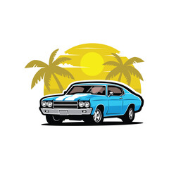 Fototapeta premium American Muscle Car in Beach Vector Art Illustration. Classic Retro Sport Car Vector in White Background