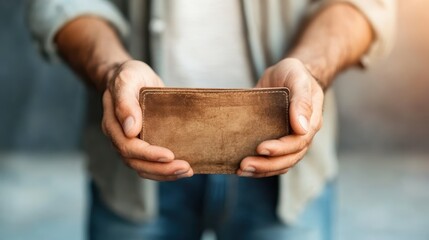 A person with outstretched hands holding an empty leather wallet, capturing the essence of financial struggle or economic distress under warm sunlight.