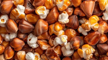 Featuring a combination of dark popcorn kernels mixed with freshly popped fluffy pieces, creating a rich and enticing texture perfect for culinary or snack visuals.