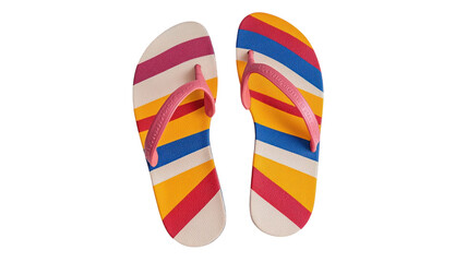 A Pair of Colorful Striped Flip Flops Perfect for Beach and Summer Activities, Great for Poolside Fun and Vacation Relaxation.