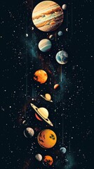 Digital illustration of solar system planets in sequence against star-filled background,...