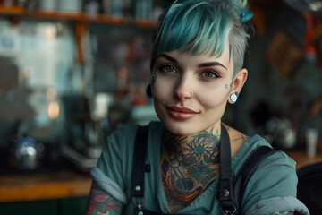 Fototapeta premium Generative AI Portrait of stylish hipster Tattoo Artist in Tattoo Studio Setting