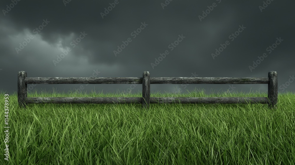 Sticker Rustic wooden fence in a green field under a stormy sky.