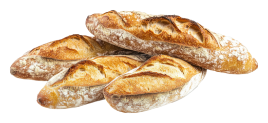 Four freshly baked baguettes against a transparent background, artisanal bread and bakery concept