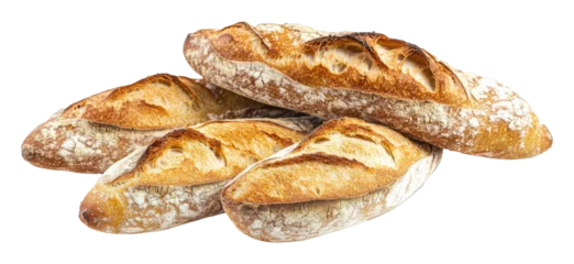 Four freshly baked baguettes against a transparent background, artisanal bread and bakery concept