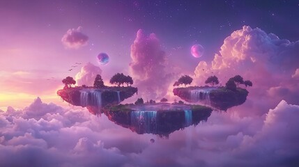 Magical floating islands, waterfalls, sunset, clouds, planets.