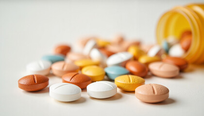 Colorful assorted pills scattered on a surface with an open bottle, showcasing medication and health