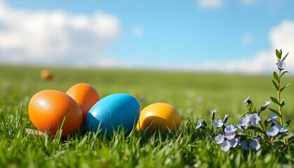 The image shows three colorful Easter eggs lying on a bed of green grass. The eggs are of different colors - one is orange, one is blue, and one is yellow. 