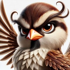 Intense and determined cartoon-style bird with striking features and whimsical personality