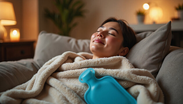 Young woman relaxing with a hot water bottle, feeling cozy on a sofa in a warm indoor setting