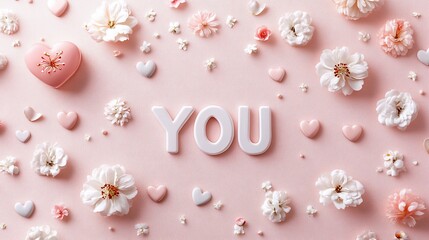 Pink floral arrangement spelling YOU.