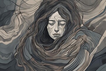 A digital painting of a person surrounded by dark, abstract shapes and lines, symbolizing the weight of depression and anxiety, set against a muted, stormy background.