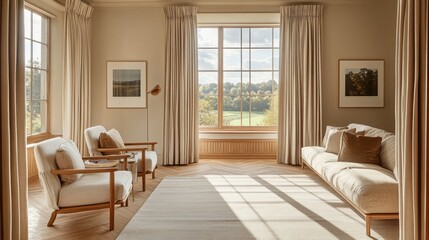 Sun-drenched room with light oak parquet floors, soft furnishings, and a panoramic view of the outdoors