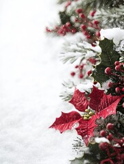 Impressionistic Christmas Border with Lush Greenery and Red Floral Accents Surrounded by Snowflakes, Perfect for Holiday Themes and Seasonal Decorations