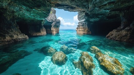 Obraz premium Serene Underwater Cave: Turquoise Waters and Sunlit Rocks