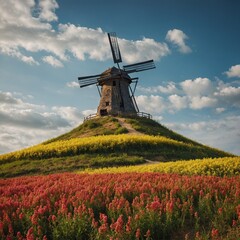 Naklejka premium A picturesque hilltop with a windmill surrounded by blooming fields.