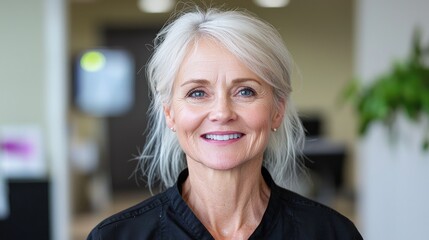 Fototapeta premium Smiling mature woman with grey hair looking at the camera in a bright office environment.