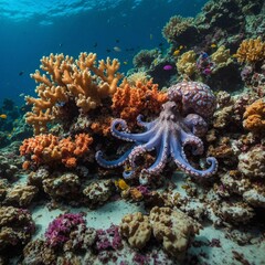 Obraz premium A colorful coral reef with an octopus hiding among the rocks.