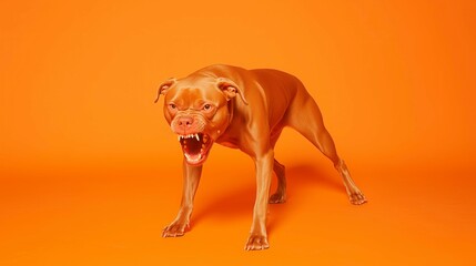 Dog baring teeth, angry dog on orange background