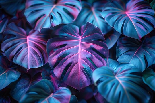 Vibrant close-up of tropical monstera leaves in a mesmerizing teal and purple hue.  Nature's vibrant palette!